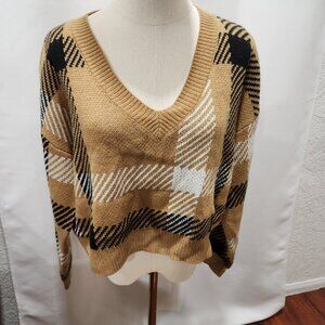Cropped vneck tan and black plaid sweater